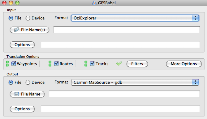 GPSBabel Main Screen on Snow Leopard